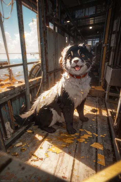 absurdres, highres, ultra detailed, masterpiece, best quality, , Octane render, Gopro footage, cinematic shot of a Intense [Otter| Australian Shepherd], inside a Oil rig, shallow depth of field, Sketched, Disgusting, volumetric lighting, F/2.8, Kintsugi, (art by Nobuyoshi Araki:0.9)