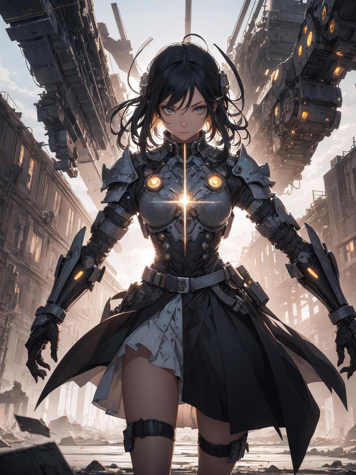A woman in armor standing in a city with a sword - SeaArt AI