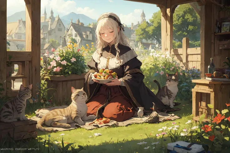 realistic, (best quality, masterpiece:1.3), (mother, father, child:1.2),medieval,fantasy art, in the garden,  picnic, happy, bird, cat,