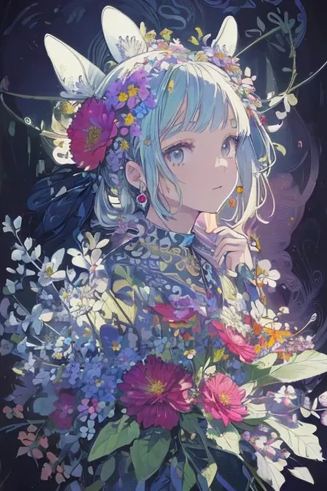 (masterpiece,beautiful and aesthetic:1.2), (1girl:1.3), extremely detailed,(fractal art:1.1),(colorful:1.1)(flowers:1.3),highest detailed,(zentangle:1.2), (dynamic pose), (abstract background:1.3), (shiny skin), (many colors:1.4),(earrings), (tail of light :1.5),ivy frame, <lora:marume:0.8>