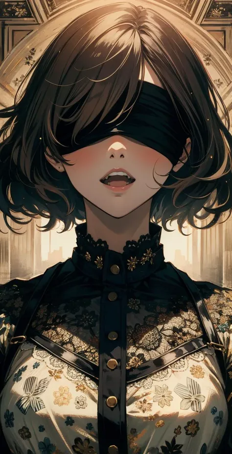 (masterpiece, top quality, best quality, official art, beautiful and aesthetic:1.0), black blindfold, solo, 1lady, open mouth, short sliver hair, wavy hair, bangs, smile, , shirt, extreme detailed, highest detailed, optical mixing, playful patterns, lively texture, black and golden lace dress, <lora:blindfold_lora01:0.5> , simply background , blindfold cover eyes ,8K ,