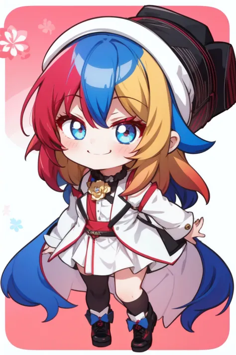 1girl, bangs, bare_shoulders, black_footwear, black_legwear, blonde_hair, blue_eyes, blue_hair, blush, chibi, closed_mouth, dress, eyebrows_visible_through_hair, flower, hair_between_eyes, hair_flower, hair_ornament, hand_up, long_hair, long_sleeves, looking_at_viewer, multicolored_hair, off_shoulder, red_flower, red_hair, red_rose, rose, simple_background, smile, solo, standing, streaked_hair, thighhighs, very_long_hair, white_background, white_dress