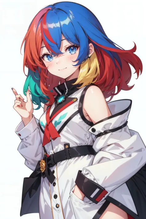 1girl, bangs, bare_shoulders, black_footwear, black_legwear, blonde_hair, blue_eyes, blue_hair, blush, chibi, closed_mouth, dress, eyebrows_visible_through_hair, flower, hair_between_eyes, hair_flower, hair_ornament, hand_up, long_hair, long_sleeves, looking_at_viewer, multicolored_hair, off_shoulder, red_flower, red_hair, red_rose, rose, simple_background, smile, solo, standing, streaked_hair, thighhighs, very_long_hair, white_background, white_dress