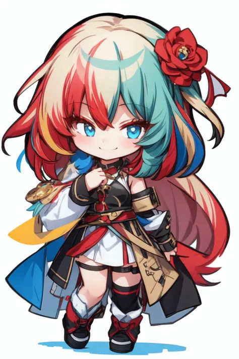 1girl, black_skirt, blue_hair, building, city, cityscape, hair_between_eyes, jacket, looking_at_viewer, medium_hair, multicolored_hair, multiple_boys, night, off_shoulder, outdoors, pleated_skirt, road, shirt, skirt, skyscraper, smile, solo_focus, street, white_shirt