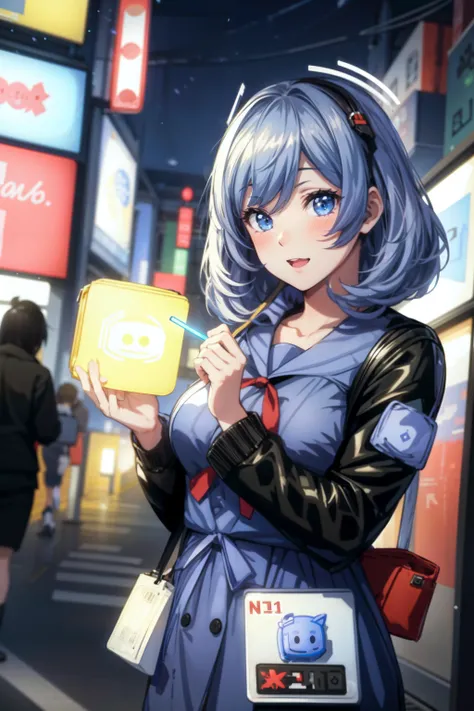 1girl, backpack, bag, blue_eyes, blue_hair, blurry, blurry_background, blurry_foreground, blush, breasts, depth_of_field, handbag, holding, jacket, long_sleeves, looking_at_viewer, open_mouth, phone, sailor_collar, school_bag, school_uniform, serafuku, short_hair, shoulder_bag, skirt, smile, solo_focus, train_interior, train_station, discord icon