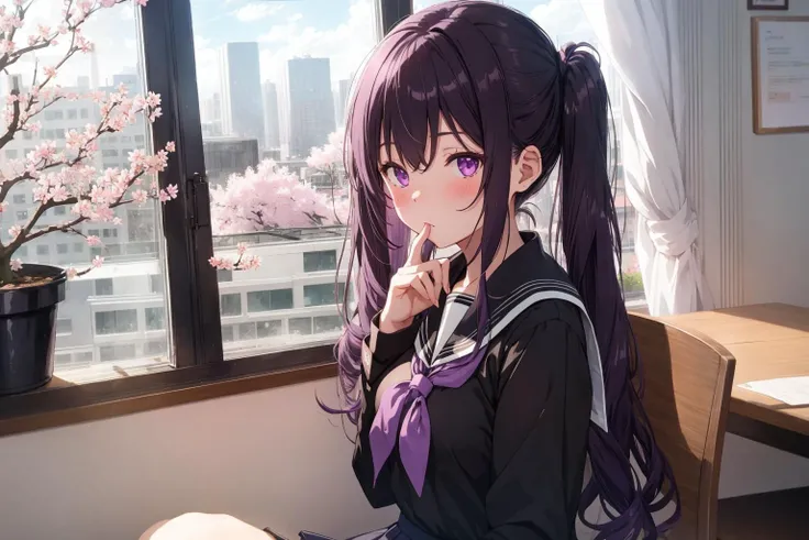 1girl, black_shirt, hand up, blush, breasts, chair, curtains, hair_between_eyes, indoors, long_hair, long_sleeves, looking_at_viewer, plant, pleated_skirt, potted_plant, purple_eyes, purple_hair, sailor_collar, school_uniform, serafuku, shirt, sitting, skirt, solo, thighs, twintails, very_long_hair, window
background, city, cherry blossoms,
<lora:anime_minimalist_v1:0.5>,
<lora:flat2:0.55> , <lora:LowRA:0.5>