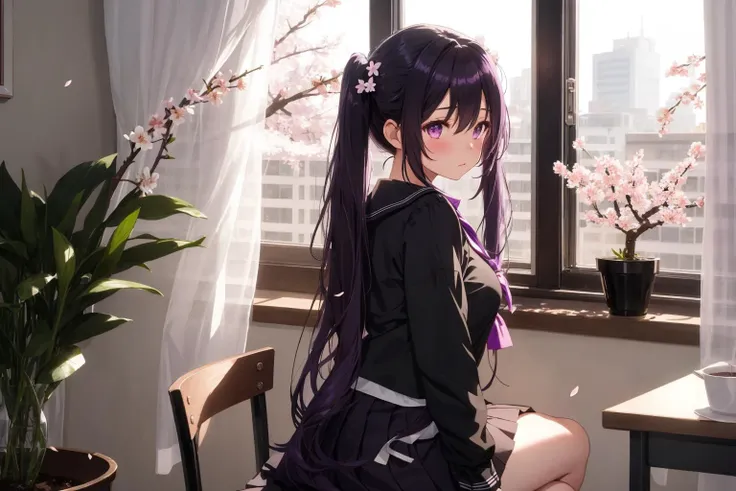 1girl, black_shirt, blush, breasts, chair, curtains, hair_between_eyes, indoors, long_hair, long_sleeves, looking_at_viewer, plant, pleated_skirt, potted_plant, purple_eyes, purple_hair, sailor_collar, school_uniform, serafuku, shirt, sitting, skirt, solo, thighs, twintails, very_long_hair, window
background, city, cherry blossoms, 
<lora:anime_minimalist_v1:1>,
<lora:flat2:0.55> , <lora:LowRA:0.5>