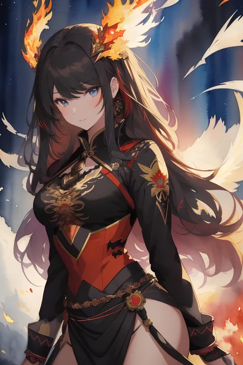 (masterpiece, top quality, best quality, official art, beautiful and aesthetic:1.2), , extreme detailed,colorful,highest detailed,(watercolour painting:1.3), optical mixing, playful patterns, lively texture, rich colors, unique visual effect, (beautiful detailed face and eyes), (masterpiece, top quality, official art, beautiful and aesthetic:1.2), (light painting), (long exposure:1.2), dynamic streaks, extreme detailed, in the style ofPhoenix, black paintings, shang dynasty, red and black, mecha anime, candid moments captured, slumped, draped, 1girl in black dress and looking his pet_Phoenix, Fire inflammation, best quality,A cute_red_Phoenix,pet,full body, full shot, fire surrounds the girl, The phoenix watched the girl fly beside the girl, (((finely detail))),(((best quality))),(((incredibly_absurdres))),(((an extremely delicate and beautiful))),(((highres))),(((amazing))),(((extremely detailed CG))),(((masterpiece))),(((extremely detailed))),(((huge_filesize))), (masterpiece, top quality, best quality, official art, beautiful and aesthetic:1.2), , extreme detailed,colorful,highest detailed,(watercolour painting:1.3), optical mixing, playful patterns, lively texture, rich colors, unique visual effect, (beautiful detailed face and eyes), (masterpiece, top quality, official art, beautiful and aesthetic:1.2), (light painting), (long exposure:1.2), dynamic streaks, extreme detailed, (Tribal girl:1.4)