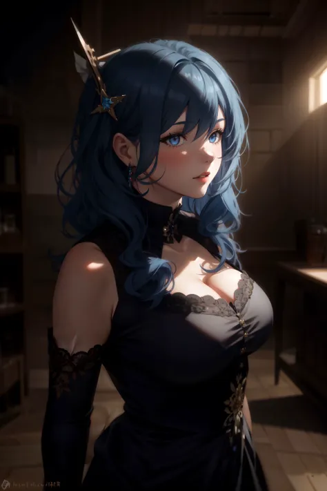 1girl, bangs, bare shoulders, blue hair, breasts, cleavage, cleavage cutout, clothing cutout, dress, hair between eyes, hair ornament, large breasts, long hair, sidelocks, sleeveless, solo