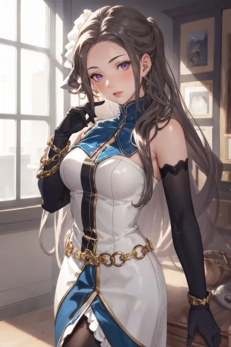 1girl, bare shoulders, black gloves, bracelet, breasts, chain, cowboy shot, dress, earrings, elbow gloves, gloves, indoors, jewelry, long hair, looking at viewer, medium breasts, pantyhose, purple eyes, solo, sunlight, watch, window