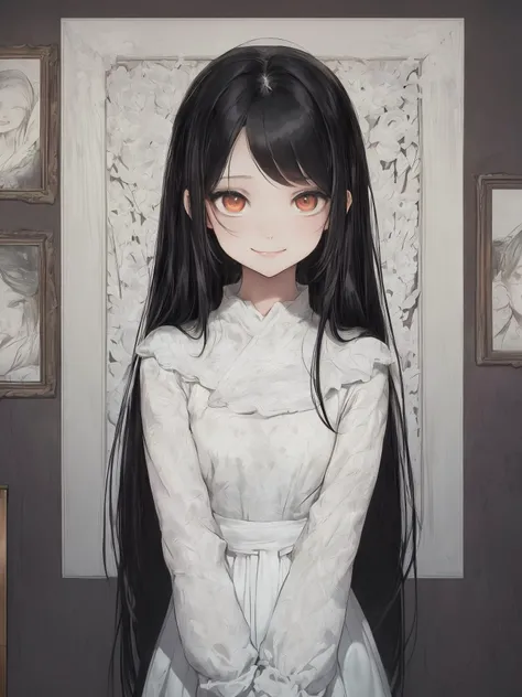 (Framed on the wall is a picture of a beautiful girl.
BREAK
Her eyes are large and filled with innocence. Her smile is bright, with a radiance that seems to illuminate the surroundings.
BREAK
Her black hair flows, and her white skin is like porcelain.
BREAK
From her expression, one can perceive gentleness and purity. This photo captures the girl's beauty vividly.:1.2)