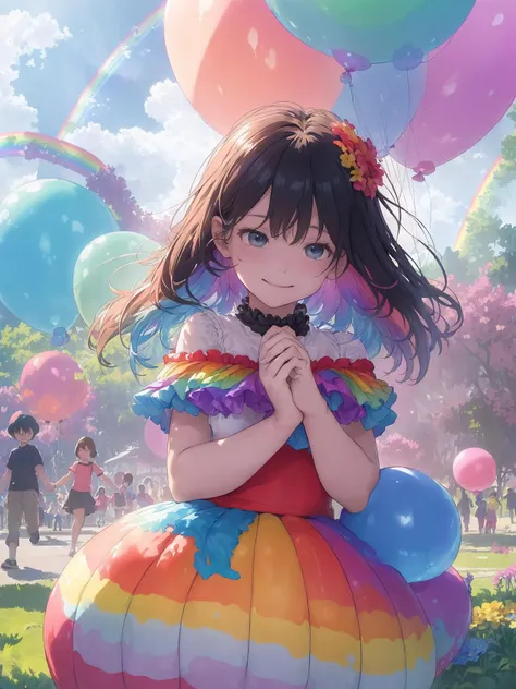 (In the morning, the sky is dyed in bright blue, with flowers in full bloom (flora:1.0).
BREAK
In the park, children are playing with smiles (children's emotion:1.0), and families are happily having a picnic (families' emotion:1.0).
BREAK
Lovers are holding hands (lovers' gesture:1.0) and talking happily (lovers' emotion:1.0).
BREAK
In the center of such a park, a large rainbow-colored balloon (centerpiece:1.0) is floating.
BREAK
Vibrant Color brings out the positive emotions in the scene by enhancing the colors (effect: Vibrant Color).:1.4)