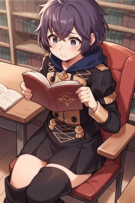 score_9, score_8_up, score_7_up, score_6_up, source_anime, 1girl BREAK <lora:bernadetta-pdxl-nvwls-v1:1> defBernie, messy hair, black uniform, hood down, long sleeves, black skirt, thigh boots, sitting, desk, chair, library, reading book