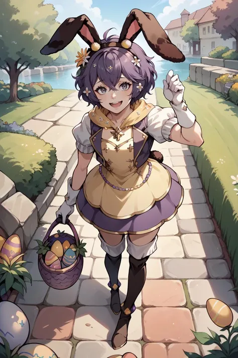 score_9, score_8_up, score_7_up, source_anime, 1girl, medium breasts, holding easter egg, springTh, fake rabbit ears, yellow cape, detached collar, purple leotard, cleavage, purple leggings, purple gloves, smile, open mouth, grass, sky, <lora:tharja-pdxl-nvwls-v1:1>