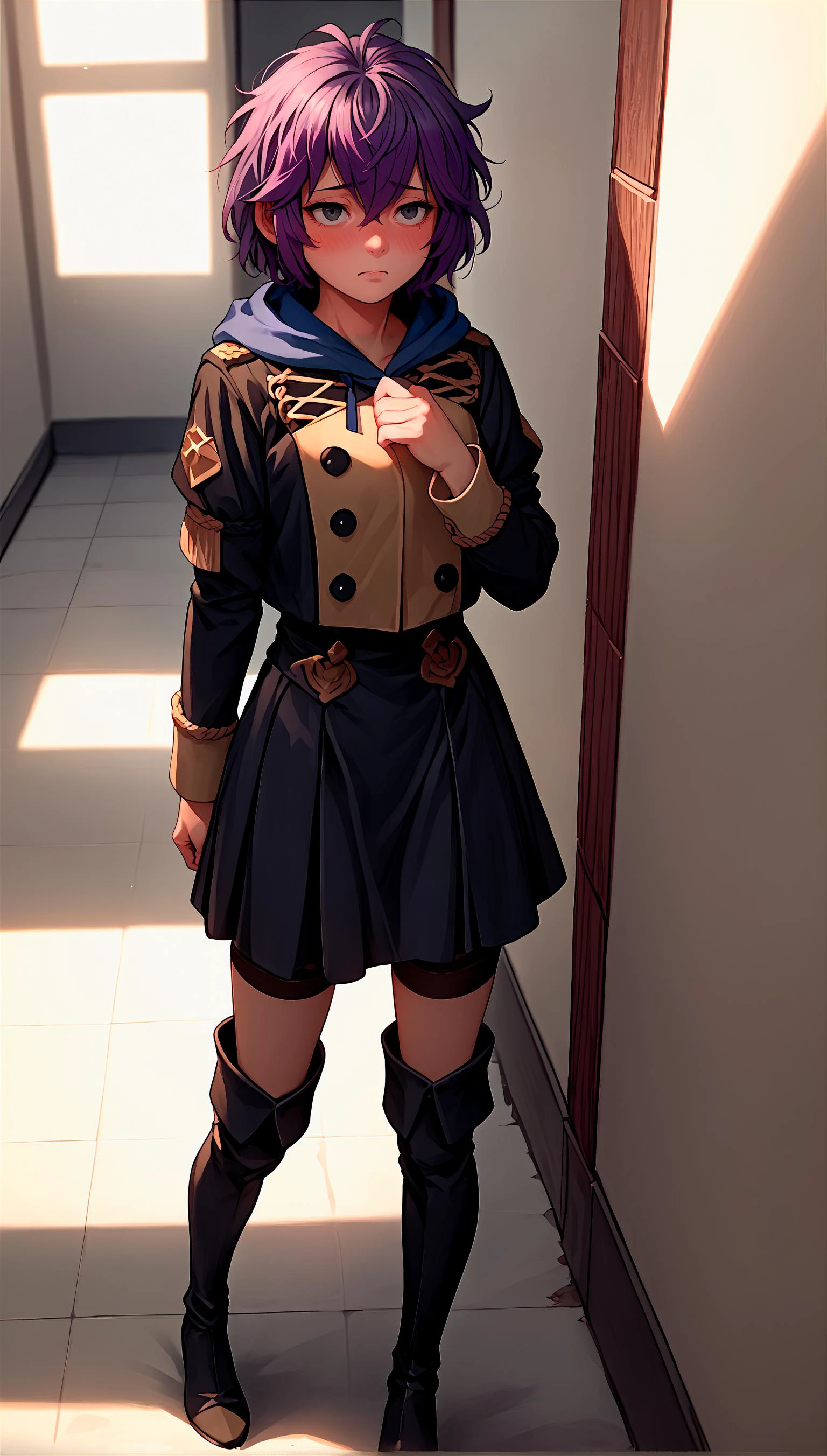 score_9, score_8_up, score_7_up, source_anime, 1girl,
in a corridor, bright sunlight,blush, <lora:bernadetta-pdxl-nvwls-v1:0.8> defBernie, messy hair, black uniform, hood down, long sleeves, black skirt, thigh boots,