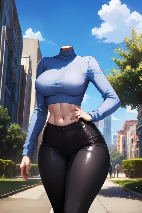 (best quality, masterpiece), 1girl, solo, public park, turtleneck sweater, pants, large breasts, wide hips, headless, long sleeves, building, blue sky, cloud