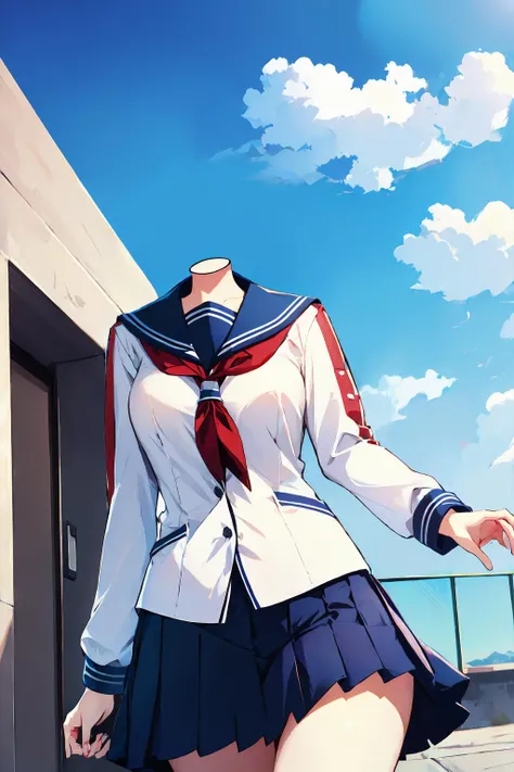 (best quality, masterpiece), 1girl, solo, school uniform, serafuku, school shirt, pleated skirt, large breasts, wide hips, headless, school rooftop, long sleeves, building, school, blue sky, cloud