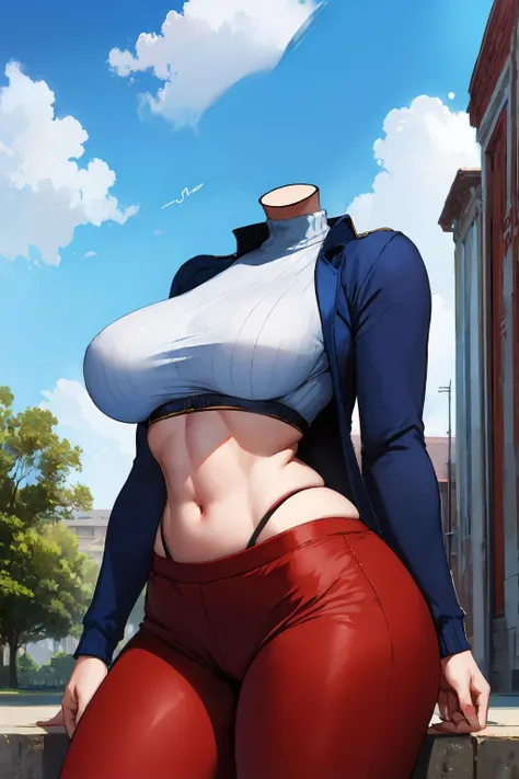 (best quality, masterpiece), 1girl, solo, public park, turtleneck sweater, pants, large breasts, wide hips, headless, long sleeves, building, blue sky, cloud