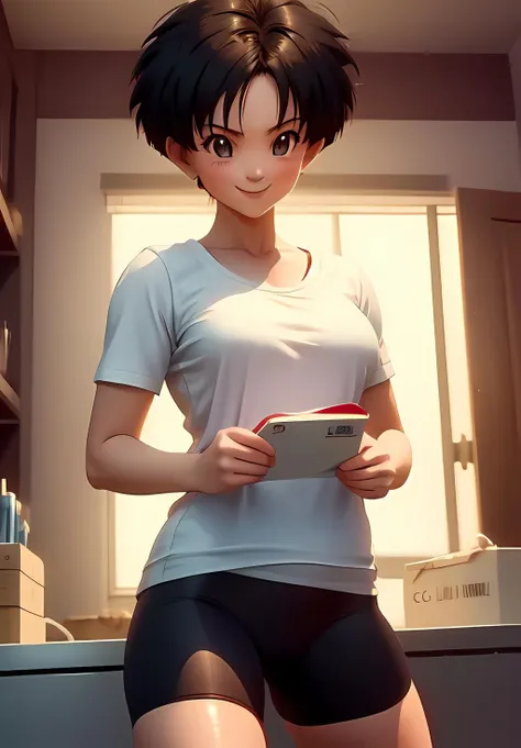 <lora:Videl:0.8>, Videl, 1girl, solo, smile, white shirt, bike shorts, short hair, messy hair, (acclaimed, alluring, captivating, exciting, gorgeous, striking:1.3), (trending on CGSociety, trending on pixiv, contest winner:1.3)