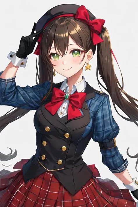 best quality, masterpiece, highres, solo, {hanazono_tae_bangdream:1.15}, long_hair, green_eyes, bangs, smile, blush, black_hair, brown_hair, hair_between_eyes, 1girl, bow, earrings, gloves, hat, hat_bow, hat_ribbon, jewelry, looking_at_viewer, ribbon, bowtie, hair_ribbon, alternate_hairstyle, beret, black_gloves, blue_bow, brooch, hair_bow, plaid, plaid_headwear, red_ribbon, shirt, star_\(symbol\), twintails