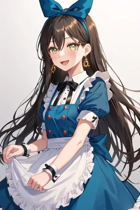 best quality, masterpiece, highres, solo, {hanazono_tae_bangdream:1.15}, long_hair, green_eyes, bangs, smile, blush, black_hair, brown_hair, hair_between_eyes, 1girl, apron, blue_dress, bow, dress, hair_bow, looking_at_viewer, striped, black_bow, frills, puffy_sleeves, ribbon, alice_\(alice_in_wonderland\)_\(cosplay\), neck_ribbon, short_sleeves, striped_dress, wrist_cuffs, holding, jewelry, puffy_short_sleeves, upper_body, black_ribbon, earrings, cosplay, open_mouth, vertical-striped_dress, vertical_stripes, hairband