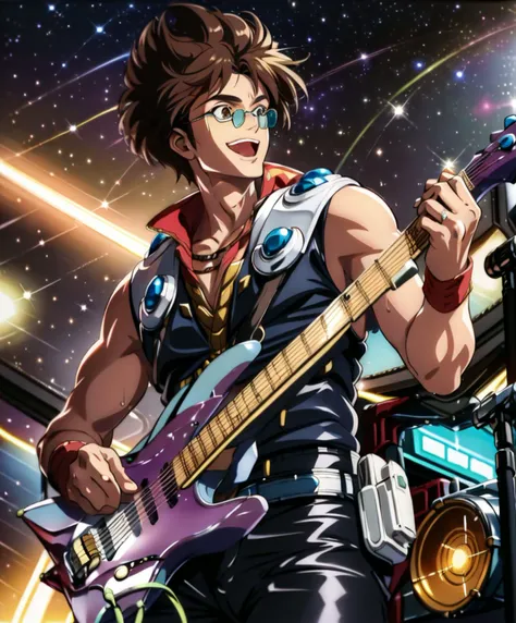 masterpiece, best quality, perfect, highres, absurdres, hyper detailed, unity 8k wallpaper, perfect lighting, perfect shading, perfect shadows, (solo), 1boy, (colorful), perfect details, soft lighting, detailed face, perfect composition, HD, masterpiece, best quality, (cowboy shot:1.5), shiny hair, shiny skin, <lora:nekki_basaraV1:0.7>basara, singing, black_jacket, brown_eyes, brown_hair, glasses, guitar, holding, holding_instrument, holding_microphone, instrument, jacket, looking_at_viewer, male_focus, microphone, microphone_stand, open_mouth, round_eyewear, sleeveless, sleeveless_jacket, smile, solo, sweat, v-shaped_eyebrows,