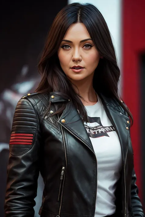photo of (JessChobot:0.99), a woman as a movie star, modelshoot style, (extremely detailed CG unity 8k wallpaper), photo of the most beautiful artwork in the world, professional majestic oil painting by Ed Blinkey, Atey Ghailan, Studio Ghibli, by Jeremy Mann, Greg Manchess, Antonio Moro, trending on ArtStation, trending on CGSociety, Intricate, High Detail, Sharp focus, dramatic, photorealistic painting art by midjourney and greg rutkowski, (long black leather jacket), (tight t-shirt with logo), ((comicon event)), (leather trousers), ((standing on the red carpet)), ((paparazzi in the background)), (looking at viewer), (detailed pupils:1.3), (modern outfit:1.2), (closeup), red lips, (eye shadow)