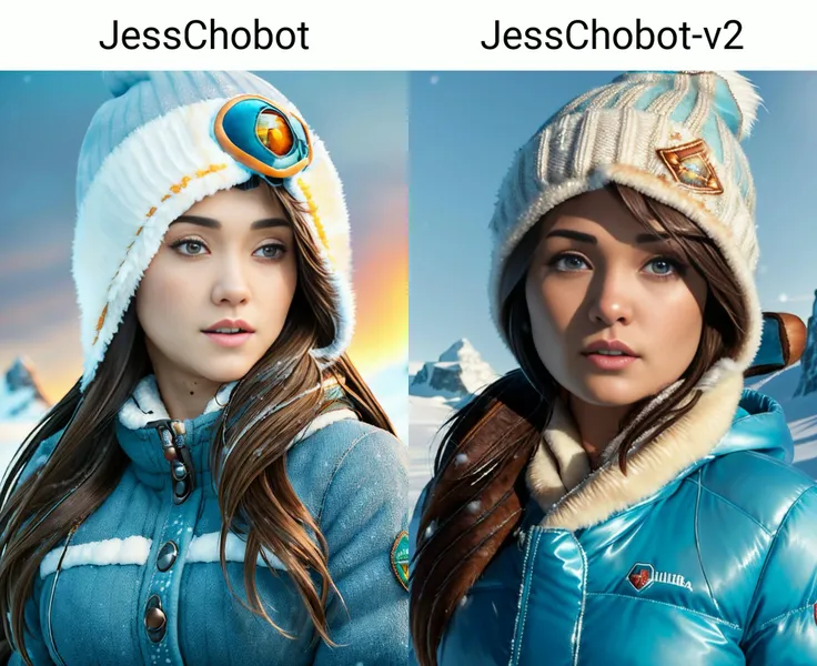 masterpiece, highest quality, 4k, (acclaimed:1.2) realistic photo of (JessChobot) dressed in warm arctic clothing, on an expedition in the north pole, ((beautiful eyes)), (detailed facial features), winter clothing, winter boots, winter pants, snow and ice, glaciers, frozen water, (wearing a winter beanie on her head), beautiful hair, beautiful lighting, cold colors, highly detailed