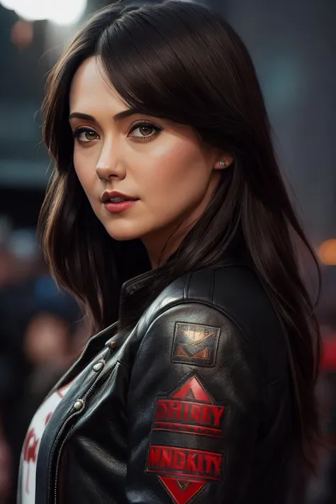 photo of (JessChobot:0.99), a woman as a movie star, modelshoot style, (extremely detailed CG unity 8k wallpaper), photo of the most beautiful artwork in the world, professional majestic oil painting by Ed Blinkey, Atey Ghailan, Studio Ghibli, by Jeremy Mann, Greg Manchess, Antonio Moro, trending on ArtStation, trending on CGSociety, Intricate, High Detail, Sharp focus, dramatic, photorealistic painting art by midjourney and greg rutkowski, (long black leather jacket), (tight t-shirt with logo), ((comicon event)), (leather trousers), ((standing on the red carpet)), ((paparazzi in the background)), (looking at viewer), (detailed pupils:1.3), (modern outfit:1.2), (closeup), red lips, (eye shadow)