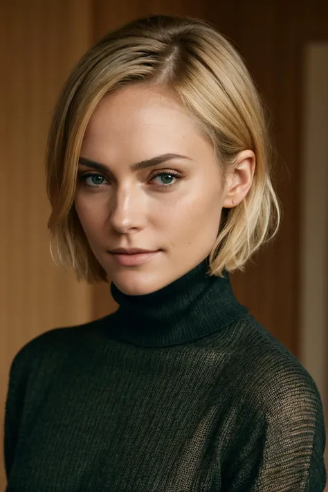 RAW photo, portrait of a beautiful woman wearing a black turtleneck sweater,short blonde hair,green round eyes,subtle smile,(amb3rvaletta_v1-3500:0.95), (high detailed skin:1.2),simple background, 8k uhd, dslr, soft lighting, high quality, shot on arri alexa xt