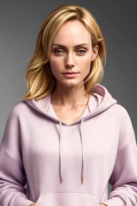 portrait of a beautiful woman,(amb3rvaletta_v1-3500:0.98), 25 years old,wearing a pastel hoodie,blonde hair,round eyes,subtle smile, (high detailed skin:1.05),simple background, 8k uhd, dslr, soft lighting, high quality, shot on lumix gh5
