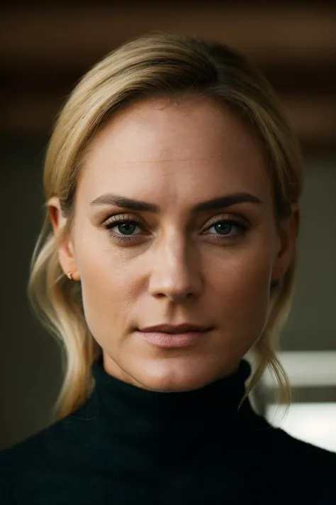 RAW photo, portrait of a beautiful woman, 30 years old,wearing a black turtleneck sweater,blonde hair,green round eyes,subtle smile,(amb3rvaletta_v1-3500:0.98), (high detailed skin:1.2),simple background, 8k uhd, dslr, soft lighting, high quality, shot on arri alexa xt