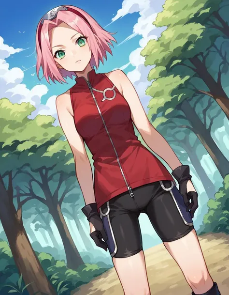 score_9, score_8_up, score_7_up, source_anime,
sakuraharuno, <lora:sakura-haruno-ponyxl-lora-nochekaiser:1>,
sakura haruno, short hair, green eyes, pink hair, parted bangs, hairband, forehead protector,
gloves, green eyes, sleeveless, black gloves, red shirt, zipper, forehead protector, konohagakure symbol, boots, bike shorts, zipper, toeless footwear,
outdoors, forest, nature, sky, sun, clouds,
looking at viewer, cowboy shot, dutch angle,