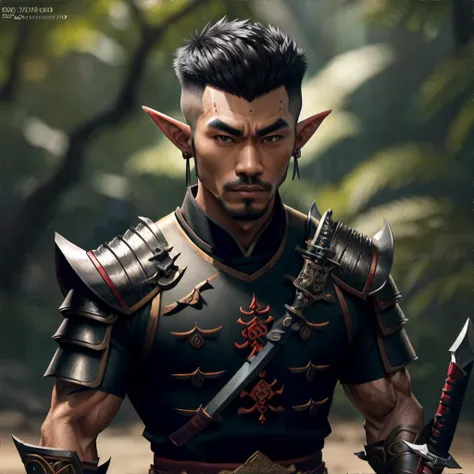 Southeast Asian elf man with brunette mid fade hair wearing samurai outfit, masterpiece, high resolution, hd, 8k, shallow depth of field, sharp focus