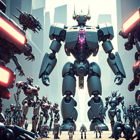 photo, an illustration of a giant robot surrounded by other robots (mecharoboto style:1) <lora:djzMechaRobotoV21:0.8>