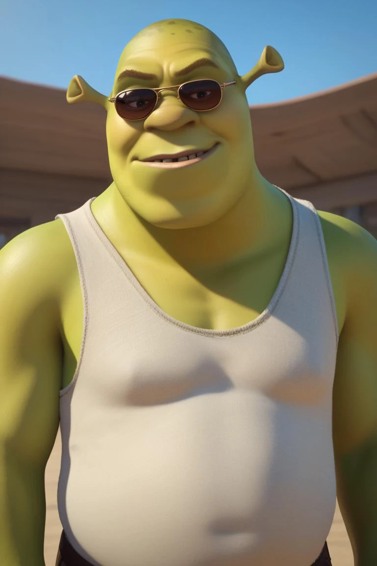 score_9, score_8_up, score_7_up, BREAK, <lora:owc-guy-PONYv1:1>, 1boy, solo, <lora:Shrek_XLPD:0.8> shrek, green skin, looking at viewer, light smile, tank top, sunglasses,