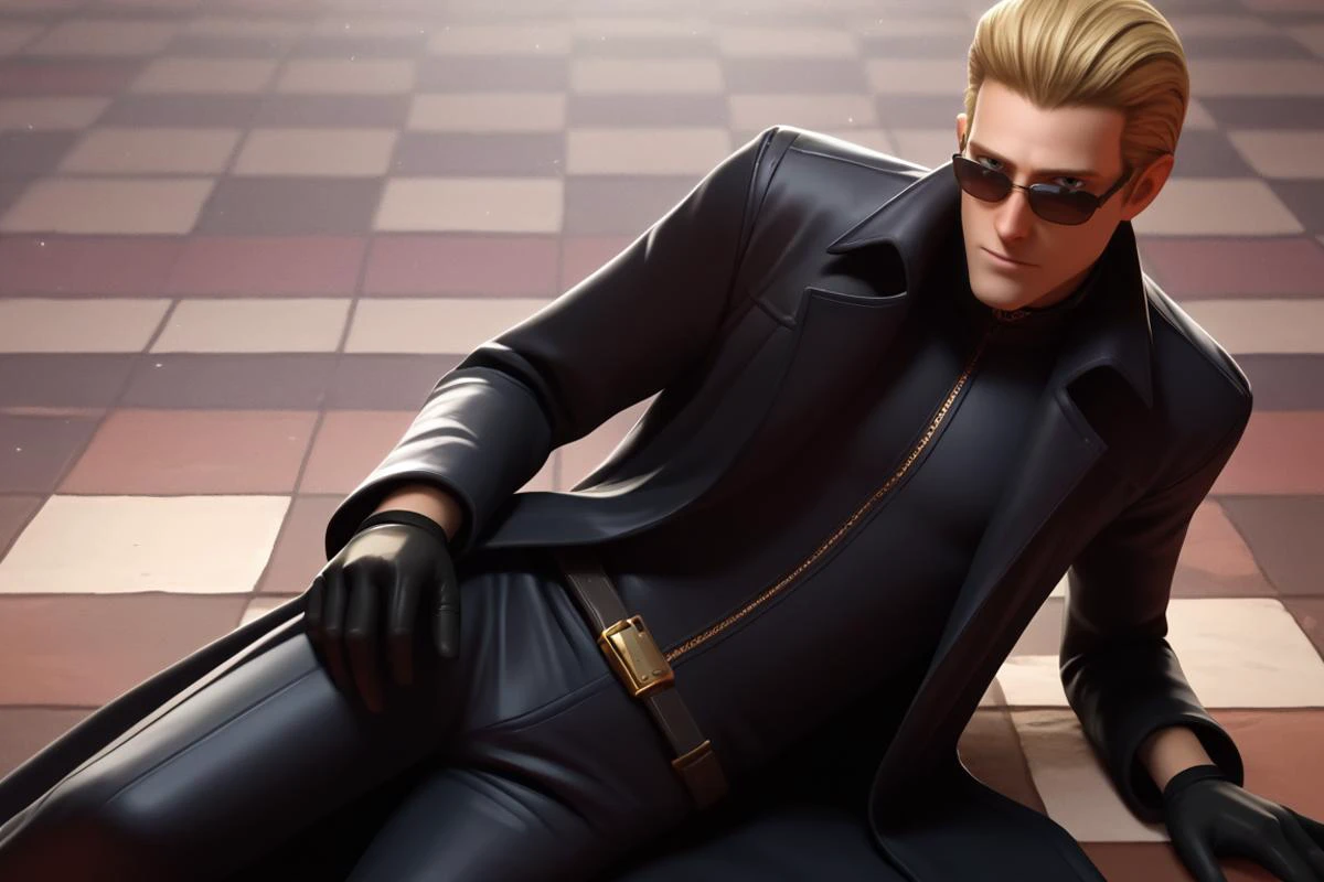 score_9, score_8_up, score_7_up, BREAK, <lora:owc-guy-PONYv1:1>, 1boy, solo, <lora:albertwesker-guy-PONYv1:0.95> albertwesker, black gloves, sunglasses, belt, pants, long coat, trench coat, black coat, black pants, the pose, on side, checkered background, looking at viewer,