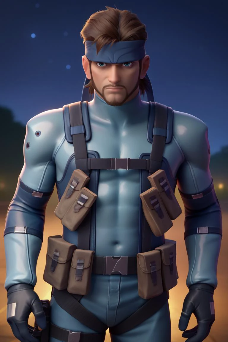 score_9, score_8_up, score_7_up, BREAK, <lora:owc-guy-PONYv1:1>, 1boy, solo, <lora:solidsnake-pdxl-nvwls-v1:0.9> solidsnake, brown hair, beard, facial hair, headband, blue bodysuit, gloves, harness, belt pouch, outdoors, night, night sky, looking at viewer,