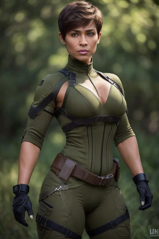 <lora:ClassifiedJaye:0.7>, ClassifiedJaye as a 40 years old hispanic female, strong jawlines:1.2, high cheekbones:1.5, RAW photo, (best quality:1.3), high resolution, (masterpiece), (photorealistic:1.4), professional photography, sharp focus, HDR, 8K resolution, intricate detail, sophisticated detail, depth of field, extremely detailed CG unity 8k wallpaper, brown Long Layered Pixie Haircuts, military green body suit, brown utility belt with knife sleeve, dynamic pose, dynamic angle, determined, upper body, masculine face, (tanned skin:1.1), (medium breasts),