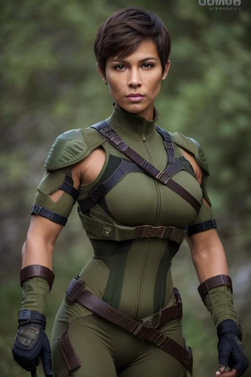 <lora:ClassifiedJaye:0.7>, ClassifiedJaye as a 40 years old hispanic female, strong jawlines:1.2, high cheekbones:1.5, RAW photo, (best quality:1.3), high resolution, (masterpiece), (photorealistic:1.4), professional photography, sharp focus, HDR, 8K resolution, intricate detail, sophisticated detail, depth of field, extremely detailed CG unity 8k wallpaper, brown Long Layered Pixie Haircuts, military green body suit, brown utility belt with knife sleeve, dynamic pose, dynamic angle, determined, upper body, masculine face, (tanned skin:1.1), (medium breasts),