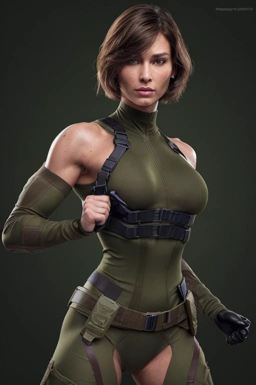 <lora:ClassifiedJaye:0.7>, ClassifiedJaye as a 40 years old white female, strong jawlines:1.2, high cheekbones:1.5, RAW photo, (best quality:1.3), high resolution, (masterpiece), (photorealistic:1.4), professional photography, sharp focus, HDR, 8K resolution, intricate detail, sophisticated detail, depth of field, extremely detailed CG unity 8k wallpaper, brown Long Layered bob Haircuts, military green body suit, brown utility belt with knife sleeve, dynamic pose, dynamic angle, determined, upper body, masculine face, (tanned skin:1.1), (medium breasts),