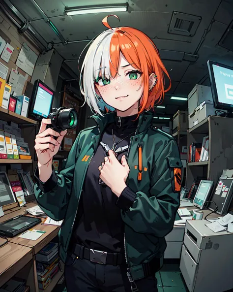 masterpiece, best quality, an 27 years old adult woman in techno gothic jacket, cinematic light, (character focus), (character on middle), science fiction, (green eyes:1.500), freckles, short hair, cables, snow, dilapidated, (city ruins), cyberpunk, ambience lighting, caustics, blush, nose blush, (eye hair over one eye:1.000), piercings, fisheye, lens flare, smirk, (hlfcol haired girl with orange hair and white hair on front), <lora:hlfcol:0.7>