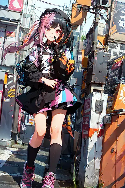 ((masterpiece, best quality, vector lines art style, clear colors, cute hlfcol haired girl with gray and pink short-length-twintail-hair confident smile face solo street-artist girl)), (purple painter apron, detailed hands, black/white horizon-striped knee-socks, cyber orange sneaker, detailed hands), street wall art, <lora:hlfcol:1.5>, <lora:add_sharpness:1>, <lora:add_detail:-0.2> BREAK (masterpiece, best quality, hyper detailed, neon lights), street wall graffiti spray art, dark-red eyes, black detailed half-sleeves school clothes,  blonde cap, asphalt road