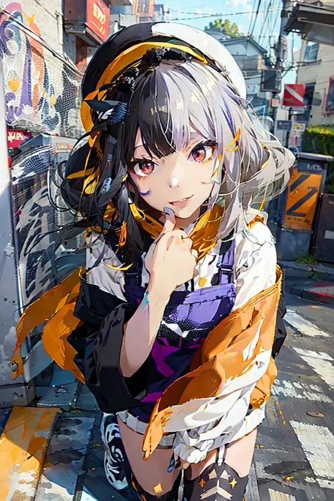 ((masterpiece, best quality, vector lines art style, clear colors, cute hlfcol haired girl with white and yellow short-length-twintail-hair confident smile face solo street-artist girl)), (purple painter apron, detailed hands, white horizon-striped gray knee-socks, cyber gray sneaker, detailed hands), street wall art, <lora:hlfcol:1.5>, <lora:add_sharpness:1>, <lora:add_detail:-0.2> BREAK (masterpiece, best quality, hyper detailed, neon lights), street wall graffiti spray art, dark-red eyes, purple detailed half-sleeves school clothes, orange cap, asphalt road