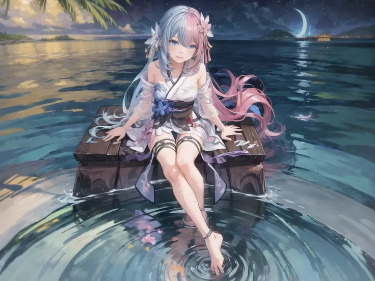 <lora:seele_horb:0.8>, <lora:SeeThroughKimonoNoise:0.8>, <lora:hlfcol:1>,<lora:add_detail:1>,( high quality, masterpiece, highres,highly detailed:1.3),starry sky, sea water,1girl, solo,full body,looking facing away,from behind, sitting,barefoot,
horb,blue eyes,((hlfcol haired girl with pink andaqua blue hair),long hair,very long hair,),(light smile:1.2),see-through kimono,see-through,wet,
