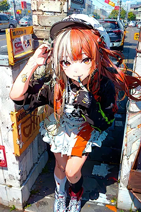 ((masterpiece, best quality, vector lines art style, clear colors, cute hlfcol haired girl with yellow and blonde short-length-twintail-hair confident smile face solo street-artist girl painting to the wall)), (white painter apron, detailed gripping hands, red horizon-striped-lines orange knee-socks, cyber red sneaker, detailed hands), street wall art, <lora:hlfcol:1.5>, <lora:add_sharpness:1>, <lora:add_detail:0.2> BREAK (masterpiece, best quality, hyper detailed, neon lights), street wall graffiti art, dark-red eyes, blue detailed half-sleeves clothes, blonde cap, white skirt, asphalt road