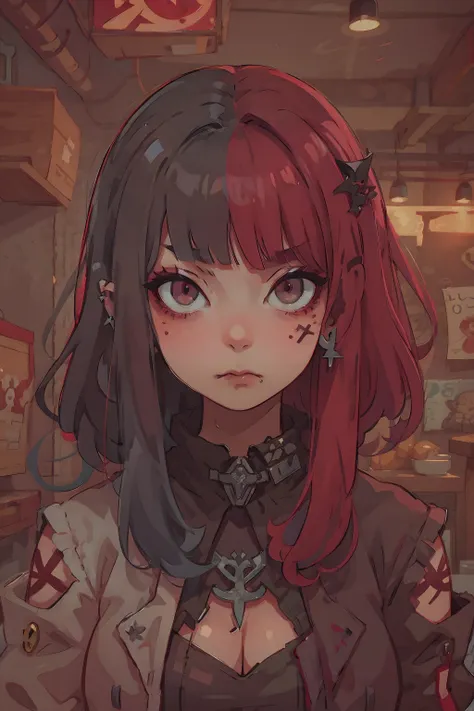 (best-quality:0.8), perfect anime illustration, portrait, masterpiece, best quality, (intricate details:1), (scenery:1.3), (high shoot) solo, face focus, (close up:0.7), high res, anatomy, detailed skin, beautiful face, intimidating, sharp glaring eyes, smug,, mad girl, 1 girl, insane, earrings, bangs, jewelry, blunt bangs, hair ornament, (look at veiwer:1.2), (tattoo:1), medium breasts, good lighting, <lora:gothicPunkGirl_v10:1> Goth_punk, cleavage, angry, (hlfcol haired girl with red and black hair),  <lora:halfColorHair_v10:0.9>, tattoos,