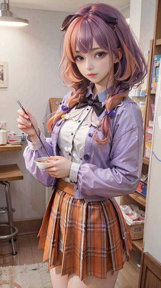 ((Best Quality, Masterpiece)) <lora:hlfcol:0.6> (hlfcol haired girl with Light Purple and Orange hair), <lora:ruanmei_2:0.6> RUANMEI FASHION <lora:pureerosface_v1:1> pureerosface_v1