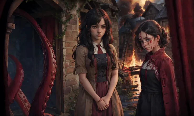 <'Hermione'*0.3 + 'ivy'*1 + 'Laura'*0.3>, <lora:hlfcol:0.4>,tan skin,(hlfcol haired girl with Red and black hair, ), (village is on fire in backgorund), blood on face, blood on clothes, full body,