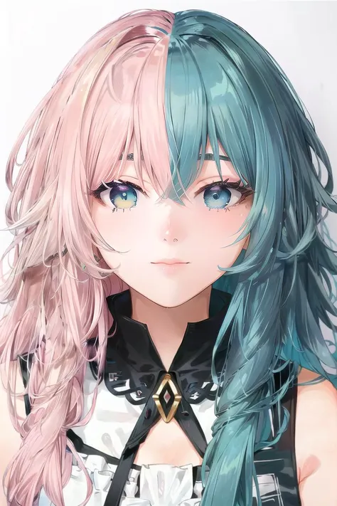 ((best quality)), ((highly detailed)), masterpiece, detailed face, beautiful face, (detailed eyes, deep eyes), (1girl), upper body, <lora:hlfcol:1.2>, (hlfcol haired girl with pink and blue hair), heterochromia